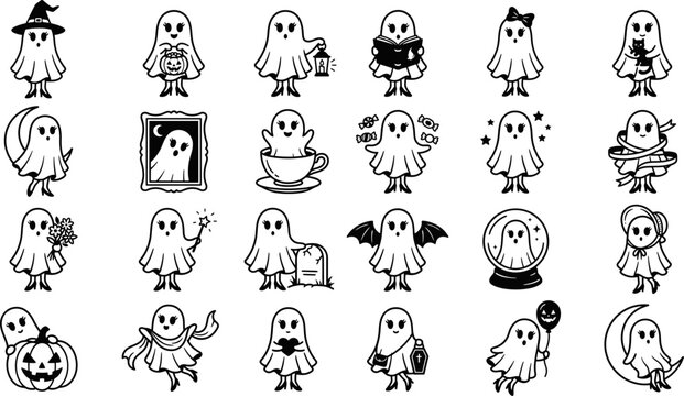 Collection of ghost silhouettes with various props black and white vector illustrations