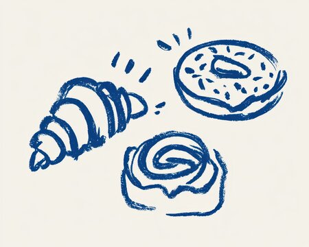 Hand drawn set of croissant, donut, and cinnamon roll, sketch style illustration