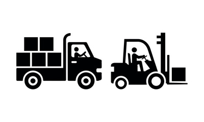 Truck and forklift transporting stacked boxes in warehouse © candysartistry