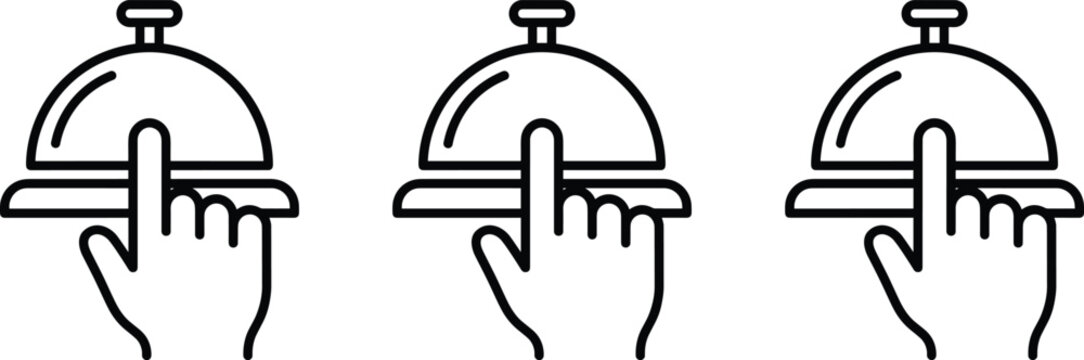 Service bell icon vector set featuring hand finger pushing reception bell for hotel hospitality concierge assistance line illustration