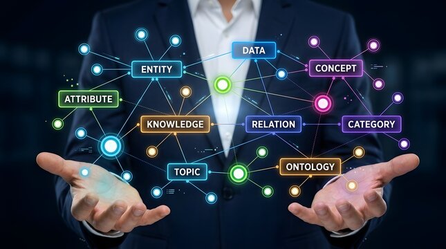 Businessman hands displaying interactive data ontology flowchart and semantic knowledge graph network diagram