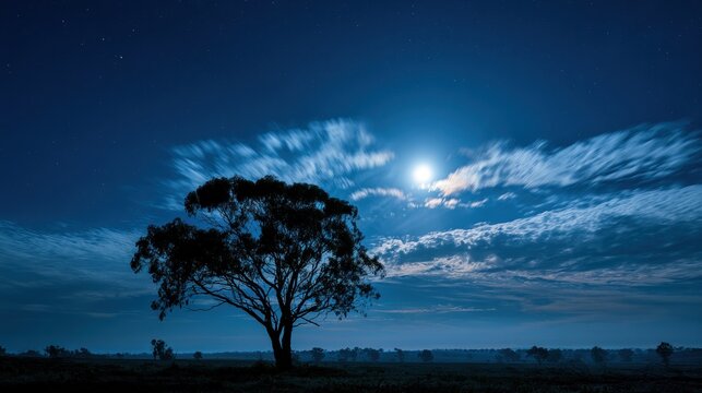 Lone eucalyptus tree silhouetted against moonlit night sky with wispy clouds