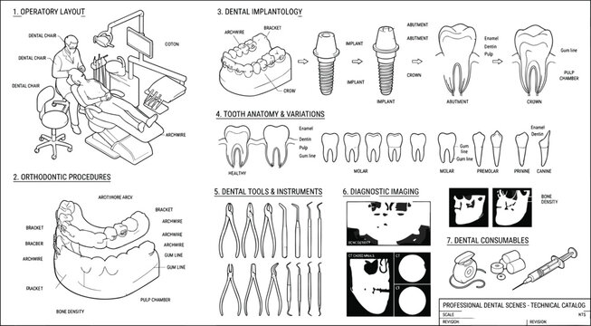 Dental care clinic technical catalog vector blueprint featuring tooth anatomy implants orthodontic braces instruments and operatory layout