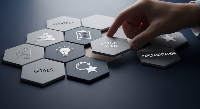 Business strategy action plan implementation with goals and ideas, teamwork concept