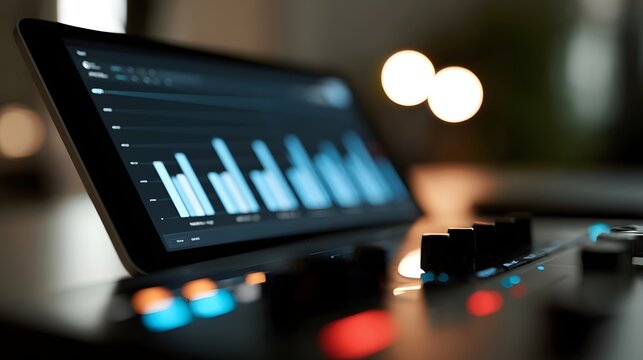 A sleek tablet shows a bar chart of data trends while glowing buttons and knobs sit below under soft ambient lighting