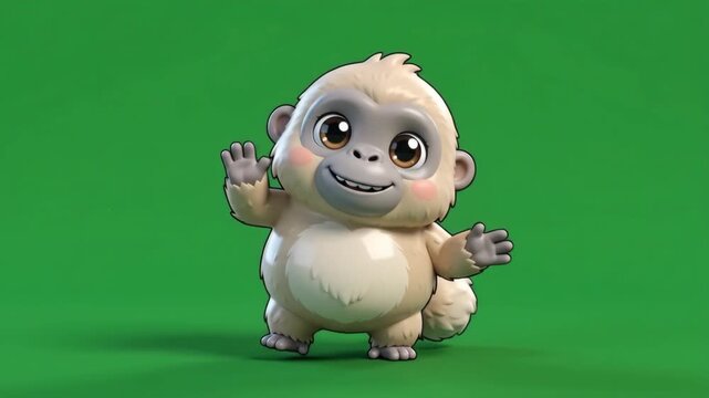 Adorable Baby Monkey Character Waving Hello on Green Screen, Cute Animal Animation for Children's Content and Marketing