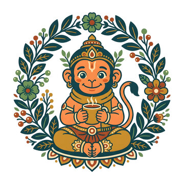 Cute monkey deity holding a hot drink in a floral wreath