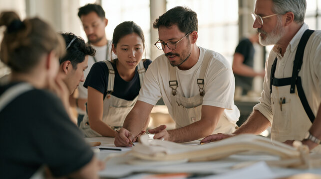 A multicultural group of saddlery students and a master craftsperson crowd around an examination table in a hospital training room studying a freshly completed leather saddle tree