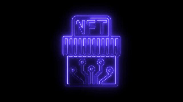 Glowing neon nft symbol animation on black background for digital cryptocurrency concept