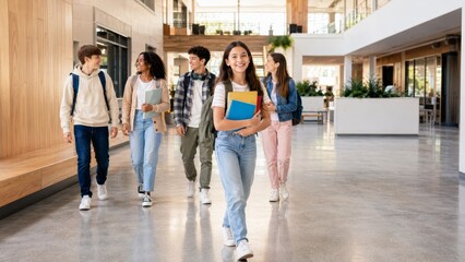 Fototapeta premium High School Students Walking in Modern School Hallway – Back to School and Teen Student Life