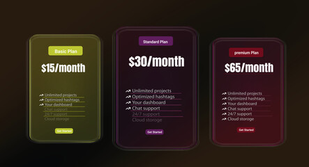 Obraz premium Modern three tier pricing table comparison template with dark glassmorphism design elements for web interface with glassmorphism style boxes, subscription, professional, application