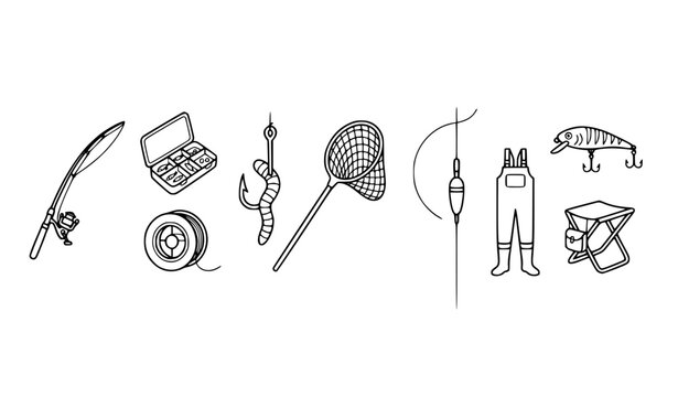 Fisherman Equipment and Outdoor Angling Gear Linear Vector Icons