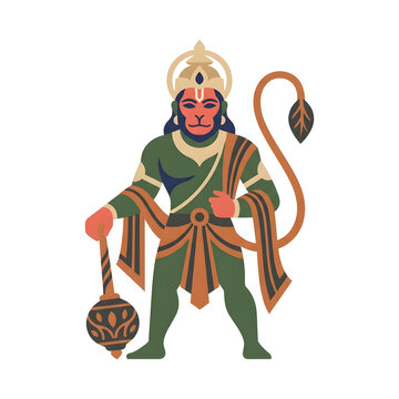 Hindu deity hanuman holding a mace in stylized art