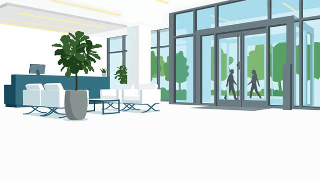 Corporate lobby reception interior with glass entrance doors and minimalist furniture flat vector illustration for professional business facility management