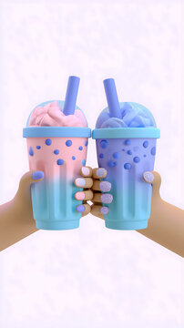 3Dクレイ風のデカドリンクを持つ手元のイラスト パステルカラーの乾杯ポーズとラメネイル
