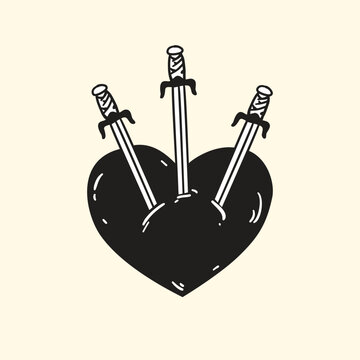 Mystical hand drawn illustration of three daggers piercing a solid black heart, reminiscent of the Three of Swords tarot card, in a bold line doodle style. Perfect for tarot reader branding