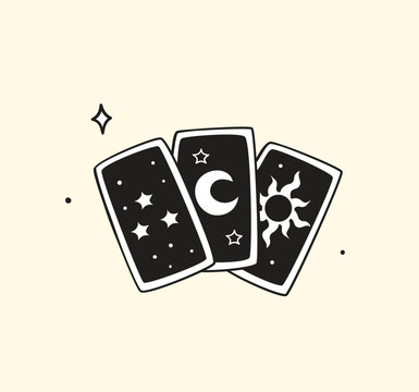 Mystical hand drawn illustration of three celestial tarot cards fan spread out, featuring star, moon, and sun motifs in a bold black line doodle style. Perfect for tarot reader branding, esoteric shop