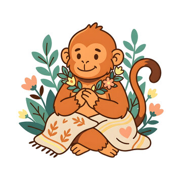 Cute spiritual monkey deity sitting in meditation with flowers