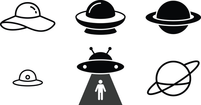 Sci-fi space exploration vector icon set featuring alien ufo spaceships saturn planets and sun hat graphic outline elements.