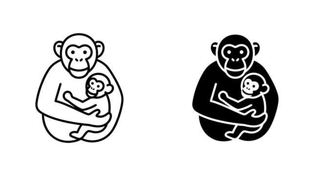 Chimpanzee mother and baby monkey icon set