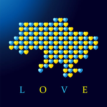 Love Ukraine, creative concept with map made of hearts. Vector wallpaper - Ukrainian map with heart pattern and text "Love"