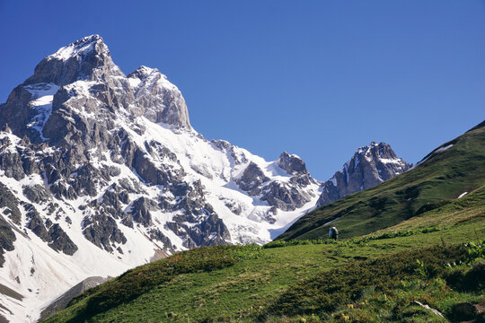 Trekking near Mount Ushba in Svaneti, Georgia.
