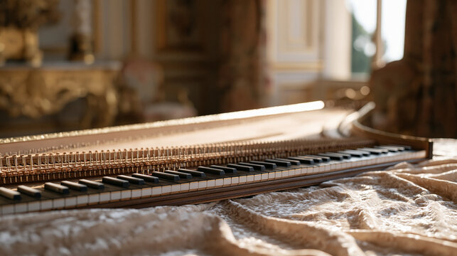 A close-up detail shot of a single partially disassembled harpsichord jack mechanism resting on a velvet cloth in a grand luxury interior room where gilded furniture and tall