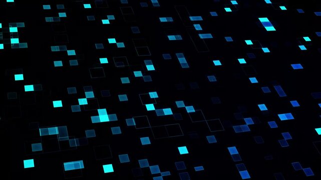 Futuristic data points, digital network pattern, abstract glowing cyan and blue square particles moving across a dark screen, digital pixel elements, soft light flicker and futuristic technology. 4K
