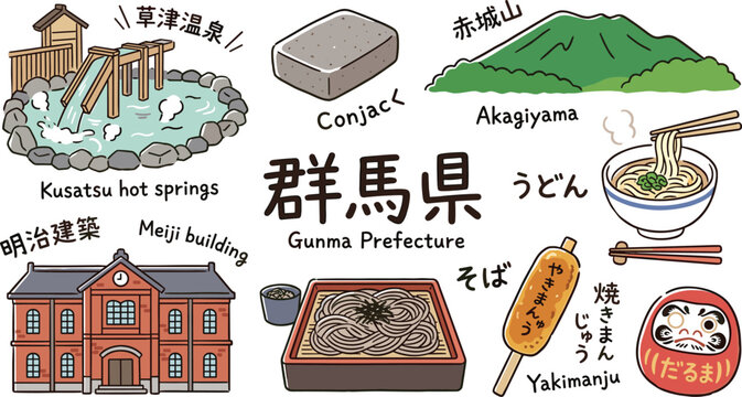 Hand drawn Gunma Japan travel doodle vector set featuring hot springs mountain architecture traditional food and daruma doll icons