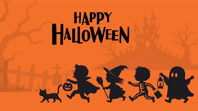 Happy Halloween Silhouette Animation with Witch, Ghost, Skeleton and Haunted Graveyard on Orange Background