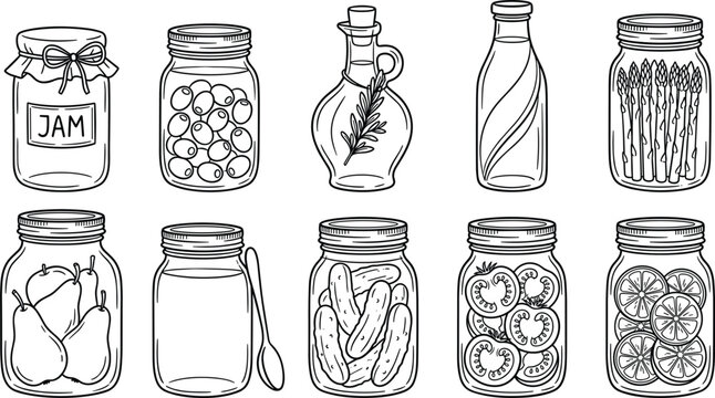 Hand drawn pantry preserve jars vector collection featuring pickled vegetables homemade jam olive oil and preserved fruits lineart