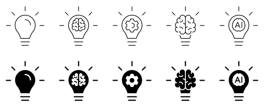 Brain and artificial intelligence light bulb icon set. Creative idea, human knowledge, cognitive technology and smart thinking concept in outline and solid vector style.