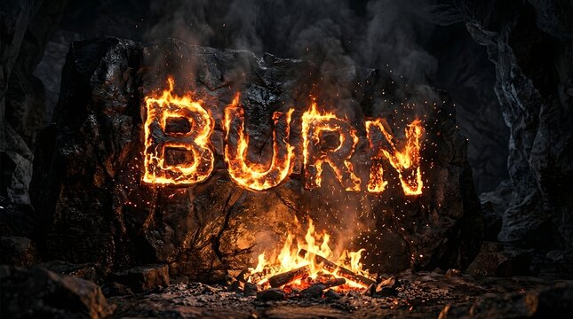 Burning word burn carved into dark rock with fire flames