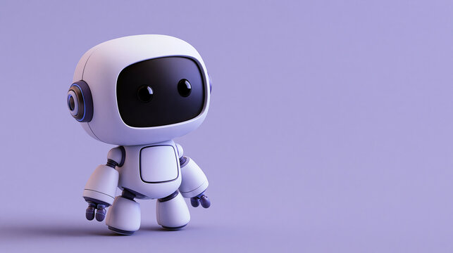 A small cute white robot with a large black screen face standing on a solid light purple ad social media download thambnail poster web template event festival 2026 2027 2028