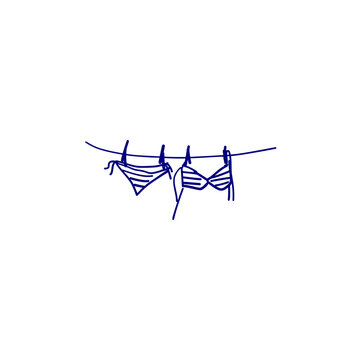 Minimalist line art bikini on clothesline illustration in blue outline
