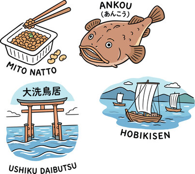 Hand drawn Ibaraki Japan travel doodle vector set featuring traditional torii shrine gate local seafood natto and sailboat icons