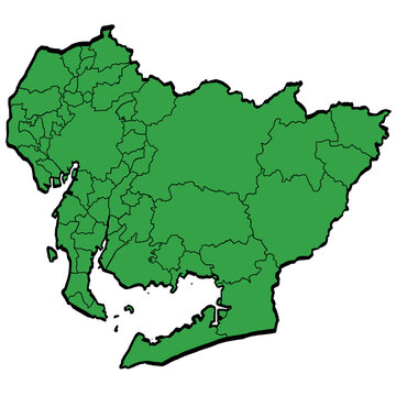 愛知県地図 市町村区分 緑色 筆タッチ 和風 日本 / A brushstroke map of Aichi Prefecture / green