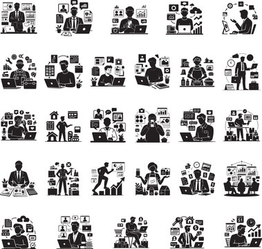Side hustle activities related full black silhouette design isolated with white background