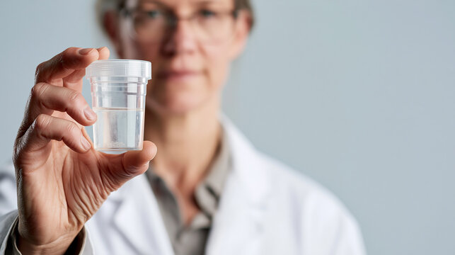 A scientist or medical in a white lab coat holds a small transparent plastic specimen cup ad social media download thambnail poster web template event festival 2026 2027 2028