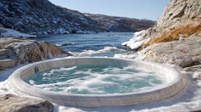 Outdoor hot tub nestled amongst snowy rocks, overlooking a wintry river