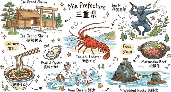 Hand drawn Mie Japan travel doodle vector set featuring ninja lobster shrine traditional landmarks and local food icons