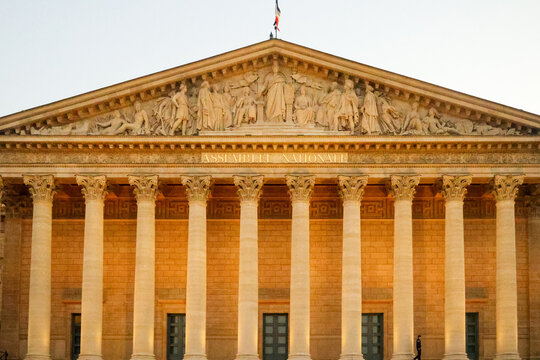 Assemblee Nationale in Paris, France, showing the iconic Palais Bourbon facade with its classical architecture and sculptures