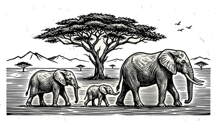 Elephant family walking in savannah landscape. © Dhiyak