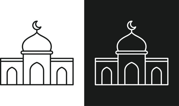 Black and white vector illustrations of mosque with dome and crescent symbolizing Islamic architecture, religion, faith, and cultural heritage
