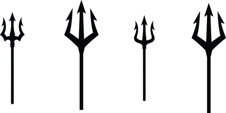 Poseidon trident silhouette icon collection featuring ancient greek mythology neptune sea god weapon pitchfork devil sharp spear graphic elements.