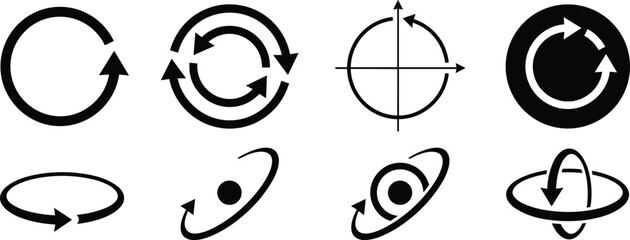 Rotation and Degree Motion Arrow Silhouette Icon Set with Circular Loop Orbit Sync Reload Flip and Axis Symbols for Interface Navigation Graphic Designs © Nurchhana