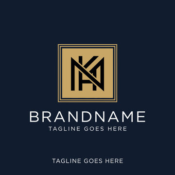 Gold KM monogram square frame logo on dark background.