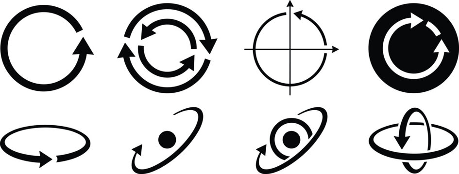 Rotation and Degree Motion Arrow Silhouette Icon Set with Circular Loop Orbit Sync Reload Flip and Axis Symbols for Interface Navigation Graphic Designs