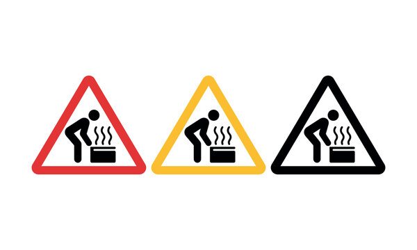 Warning signs of person bending over hot surface with steam
