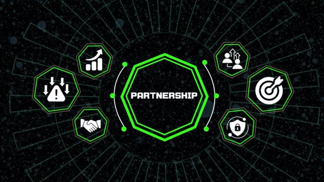Partnership business concept with connected digital icons, strategic collaboration, professional networking, shared goals and modern enterprise growth.